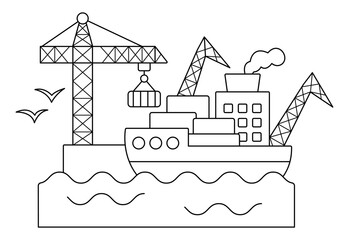 Vector black and white sea port icon. Marine harbor terminal line clipart with lifting cranes, cargo, barge. Seaport illustration or coloring page. City transportation place - obrazy, fototapety, plakaty