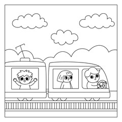Vector black and white square scene with man driving train and passengers. City or country transportation line illustration or coloring page. Cute kid driving transport.