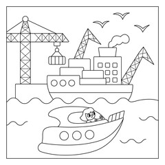 Vector black and white square scene with girl sailing on speedboat and seaport. Transportation line illustration or coloring page. Cute kid driving transport. Water vehicle landscape.