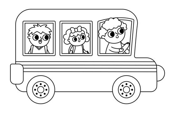 Vector black and white school bus with driver and passengers. Back to school educational line clipart. Flat public transport car. Transportation icon or coloring page with cute kids.