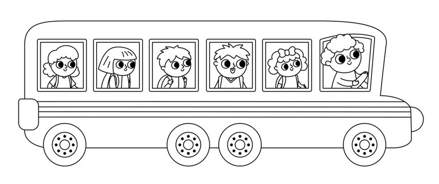 Vector black and white long school bus with driver and passengers. Back to school educational clipart. Flat public transport car. Transportation line icon or coloring page with cute kids.