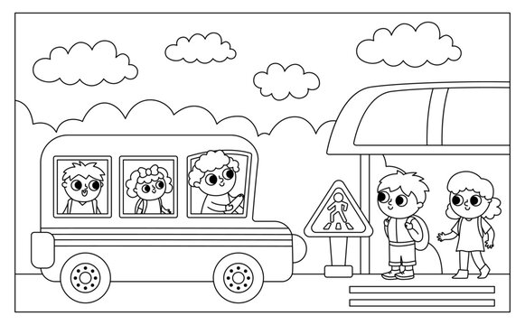 Vector black and white horizontal scene with kids on a stop and arriving school bus with driver, passengers. Transportation line illustration, coloring page. Cute boy, girl waiting for transport.