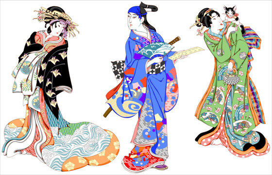 Three figures in ancient Japanese national costumes.