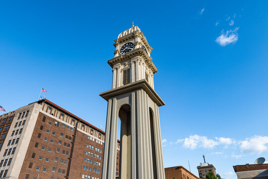 Town Clock on Main Street in Dubuque, Iowa in northeastern Iowa on the Mississippi River