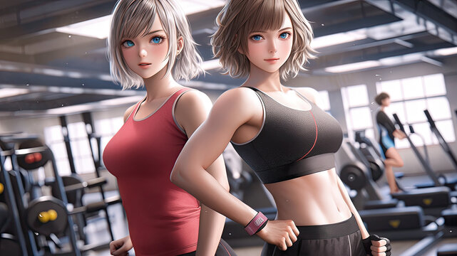 Two female friends working out in a gym togheter - Generative AI