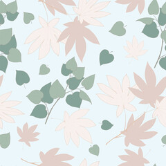 Vector seamless pattern in pastel colors. Green and pink twigs and leaves on a soft blue background.