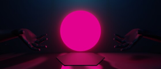 3d illustration rendering of technology futuristic cyberpunk display, gaming scifi stage pedestal background, gamer banner sign of neon glow stand podium for product sale