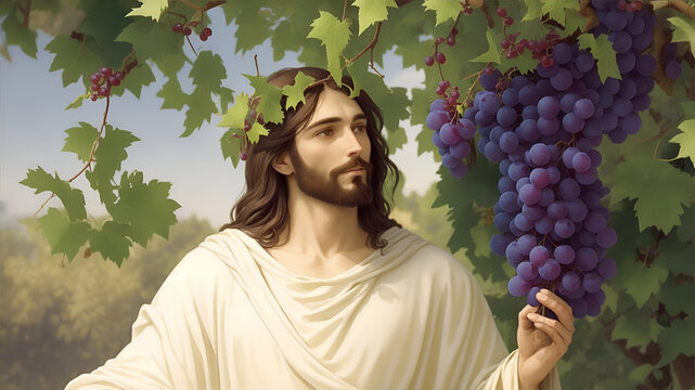Jesus Christ near a grape bush with large bunches of grapes, Jesus is a grape. AI generation