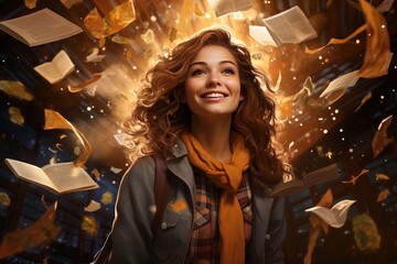 A young, smiling girl surrounded by books that swirl around her. September 8 is International Literacy Day. Generation AI