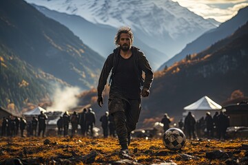 An exhilarating game of football taking place in an unusual and beautiful location