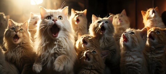 Fototapeta premium Group of funny funny cats on their hind legs with open mouths singing in chorus, cat concert. Generation AI