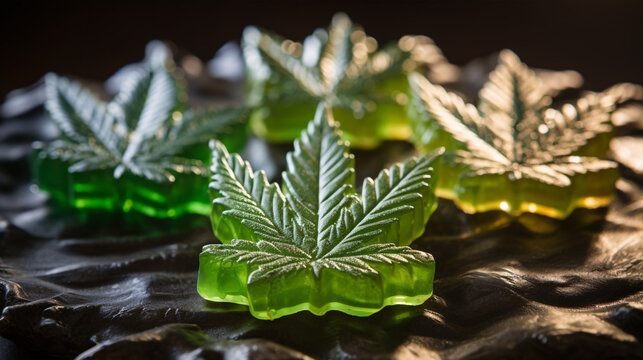 Cannabis shape edibles, medical marijuana, CBD CBG infused gummies and edible pot concept theme with close up on dark background with copy space.