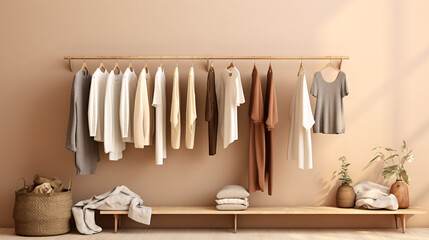 Grunge backdrop showcases clothes, while cream background hosts shelf. Array of neutral beige-hued garments adorns a rack. 3D rendering imbues store and bedroom vibes.