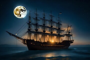 A grand pirate ship sails across the midnight sea - AI Generative