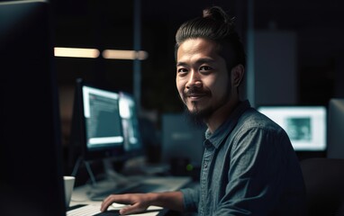 Fototapeta premium Portrait, man and smile of programmer on computer in office workplace at night, Generative AI