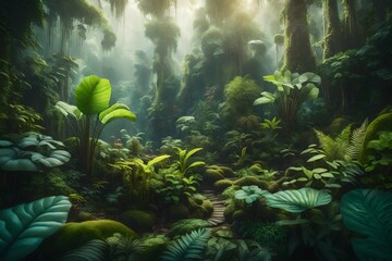 Fototapeta na wymiar A lush, vibrant dreamy, ethereal landscape of a tropical rainforest - AI Generative