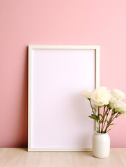Empty photo frame mock up with flowers on pink wall, ai generated