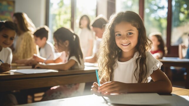 CAUCASIAN LATIN GIRL STUDENT WRITING SITTING AT HIS TABLE BENCH, SURROUNDED BY HIS CLASSMATES, IN A WHITE CLASSROOM. IN PHOTOGRAPHIC STYLE, THE STUDENT IN FOCUS AND THE BACKGROUND, Generative AI