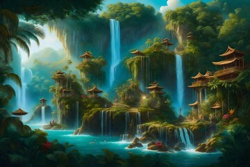 a stunning group portrait of a hidden island paradise with cascading waterfalls - AI Generative