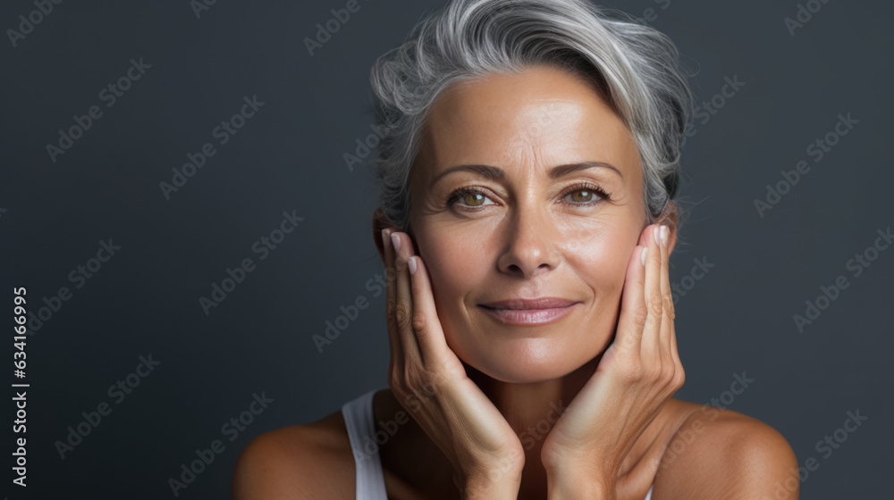 Wall mural Beautiful gorgeous 50s mid aged mature woman smiling isolated on dark grey background.