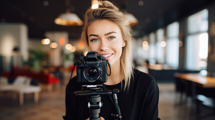 Female blogger recording a video.