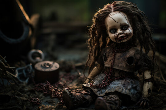 Creepy old zombie doll Halloween background