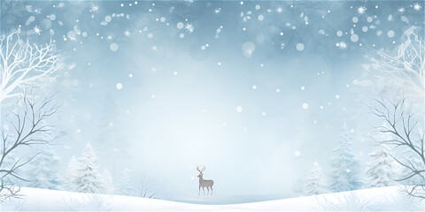 Watercolor blue pastel illustration of winter forest with deer, ai generated