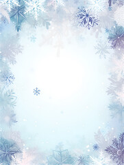 Fototapeta na wymiar Watercolor blue pastel illustration with winter snow flakes, copy space and ai generated