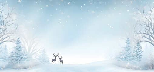 Watercolor blue pastel illustration of winter forest with deers, ai generated