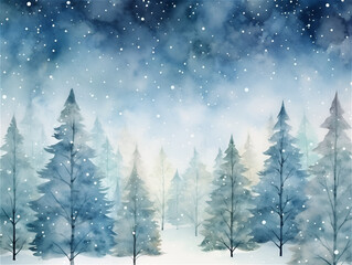 Fototapeta na wymiar Watercolor illustration with winter wonderland forest, ai generated