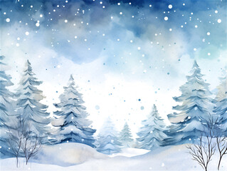 Naklejka premium Watercolor illustration with winter wonderland forest, ai generated