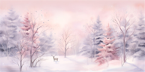 Obraz na płótnie Canvas Watercolor illustration with winter wonderland forest with pastel pink sky, ai generated