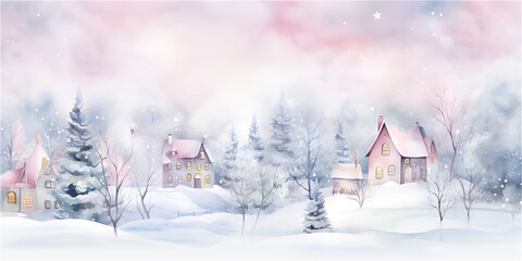 Fototapeta na wymiar Watercolor winter with snow, forest and village, ai generated