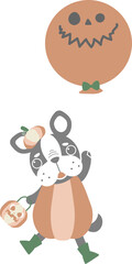 happy halloween holiday festival with cute dog, pumpkin and balloon, flat png cartoon character transparent element design