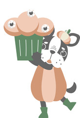 happy halloween holiday festival with cute dog, pumpkin and eyeball cupcake, flat png cartoon character transparent element design