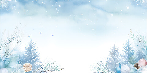 Fototapeta na wymiar Pastel blue Christmas background with snowflakes and decorations. Copy space inside, ai generated