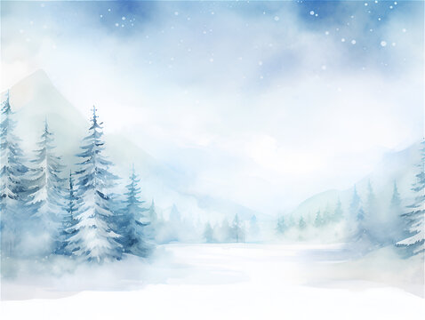 Watercolor winter with snow,  forest and village, ai generated