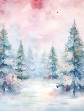 Watercolor illustration with winter wonderland forest with pastel pink sky, ai generated