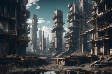 The landscape of a post-apocalyptic city with brutalist architecture - AI Generative