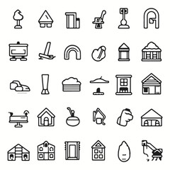 Outline icon set, isolated white background, hero icons, silhouettes,  simple, renovation, construction, furniture, etc.