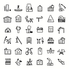 Outline icon set, isolated white background, hero icons, silhouettes,  simple, renovation, construction, furniture, etc.