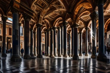 street in old Rome, lined with vibrant marble columns and bustling with old merchants and citizens - AI Generative