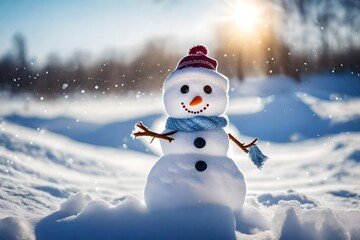 Obraz premium tiny cute snowman standing on a snowy field in winter - AI Generative