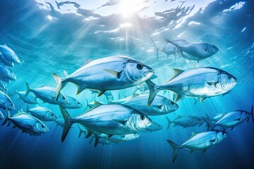 Fototapeta premium Underwater view of a school of yellowfin trevally fish. A large school of Trevally in a deep blue tropical ocean, AI Generated