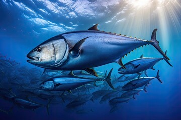 Fototapeta premium Tuna in the blue sea. Underwater world. 3d rendering, A large school of tuna in a deep blue ocean, Philippines, AI Generated