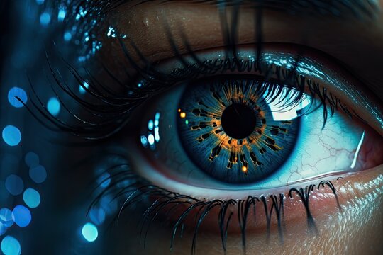 Closeup of beautiful woman's eye with blue makeup, A laser vision correction image closeup, AI Generated