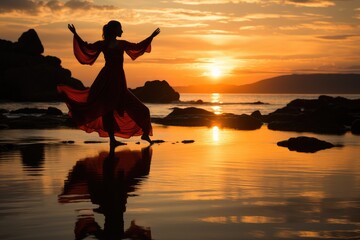 Ocean's Embrace of Stillness: A Person Engaging in Tai Chi, Yoga, or Meditation at Dawn, Silhouette Becoming One with the Waves' Rhythmic Embrace Generative AI