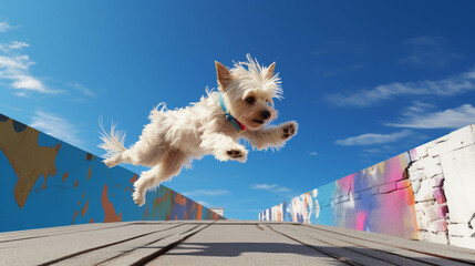 Jumping Parkour Dog. Colorful. Empty Copy space on the side. Generative AI.