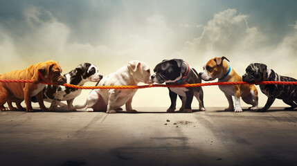 Tug-o-war Dog. Colorful. Empty Copy space on the side. Generative AI.