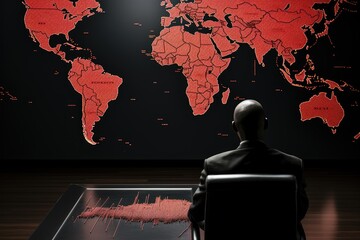 An African American in a black business suit sits at a table and looks at a world map. Generative AI